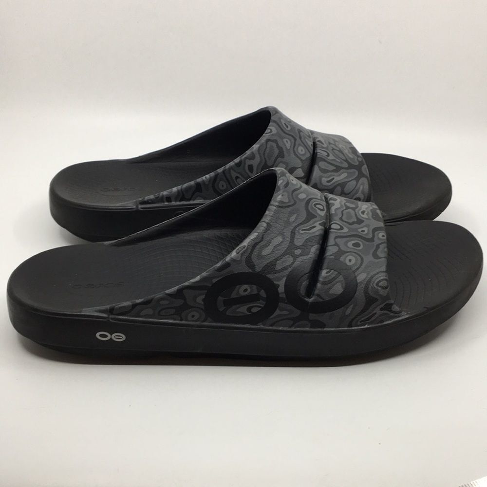OOFOS OOah Camo Black Grey Recovery Slides Unisex EU 47 Men’s US 14 Women’s 16